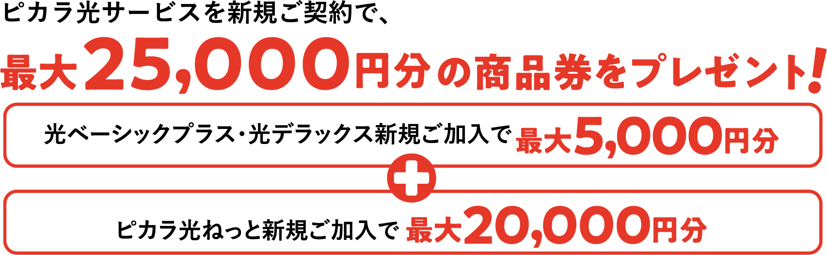 ピカラ光サービスを新規ご契約で、最大25,000円分の商品券をプレゼント! 光ベーシックプラス・光デラックス新規ご加入で最大5,000円分 + ピカラ光ねっと新規ご加入で最大20,000円分