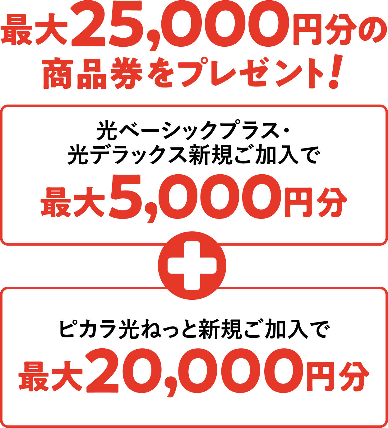 ピカラ光サービスを新規ご契約で、最大25,000円分の商品券をプレゼント! 光ベーシックプラス・光デラックス新規ご加入で最大5,000円分 + ピカラ光ねっと新規ご加入で最大20,000円分